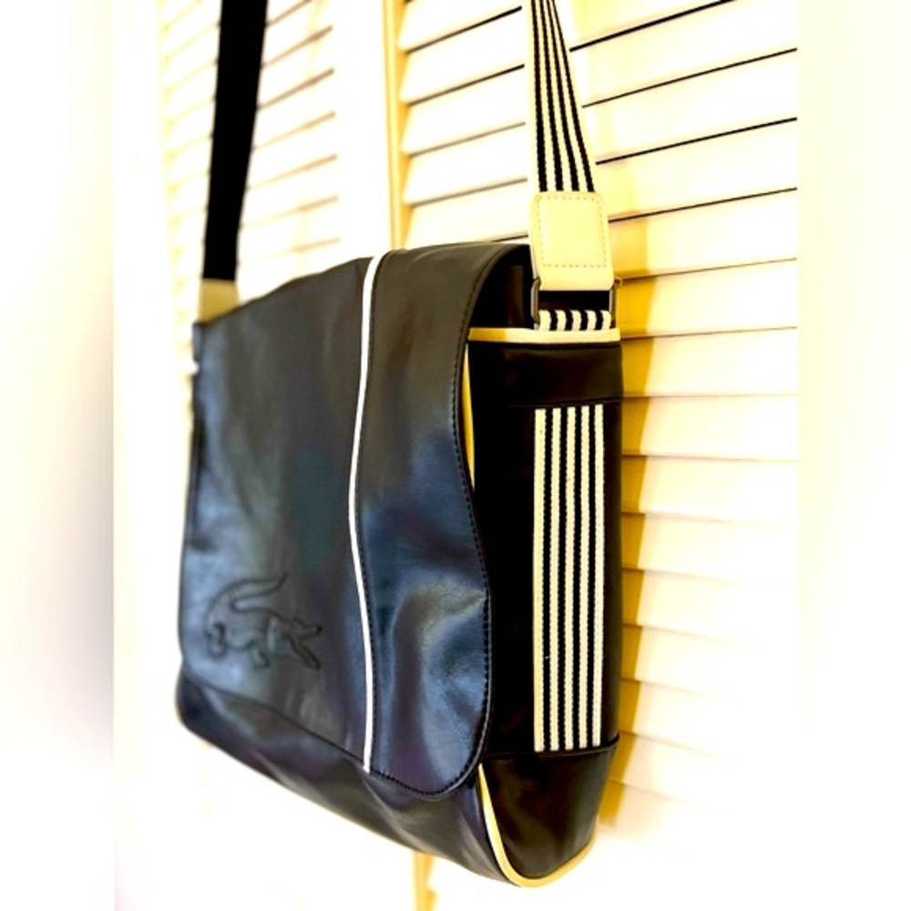 LACOSTE. Men’s or Unisex Solid Black and White Striped Cross Body Messenger Bag.